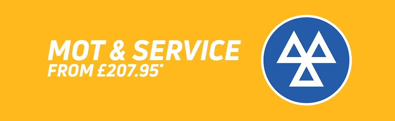  A yellow background with the MOT icon with text reading MOT & Service from £207.95*