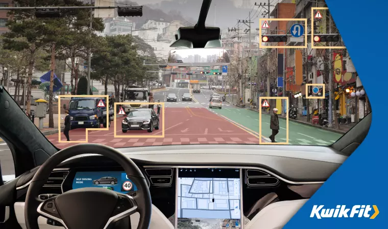 A modern self-driving car assesses objects, signs, and potential hazards on a busy road in China.