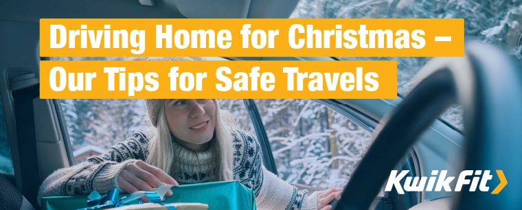 A woman packing her car with presents. Outside, snow covers the trees.