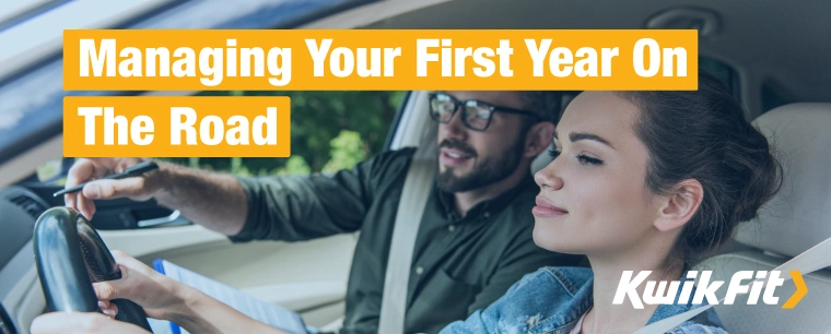 Cheerful learner driver sat next to instructor giving directions.