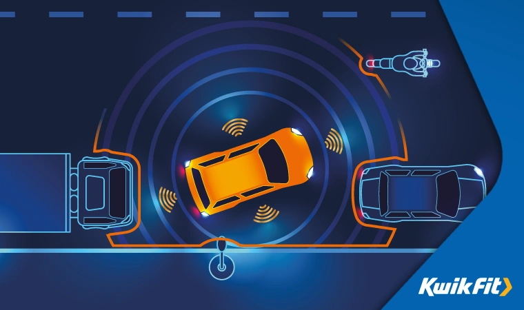 Concept art of a car parking using assisted driving technology  the sensors measure distance to the vehicles in front and behind, as well as oncoming traffic, to ensure safe parallel parking.