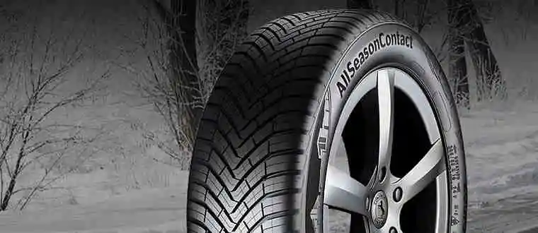 An image of a Continental AllSeasonContact tyre with a snowy forest in the background.